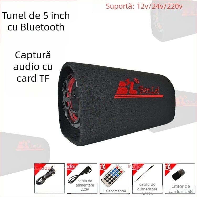 Subwoofer tunel pentru sistemul audio auto, 12V, 60–220W, 4Ω, 50Hz–20kHz, 1% distorsiune