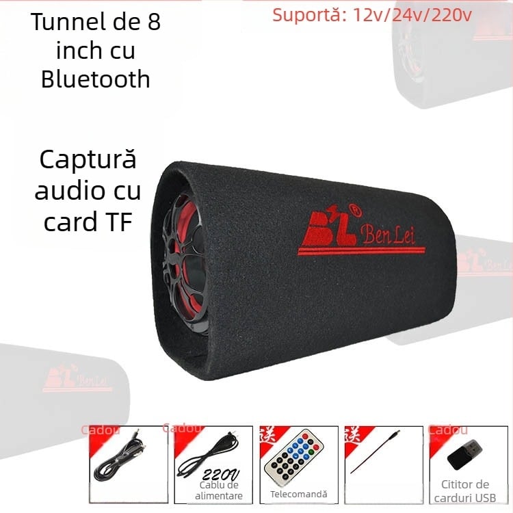 Subwoofer tunel pentru sistemul audio auto, 12V, 60–220W, 4Ω, 50Hz–20kHz, 1% distorsiune