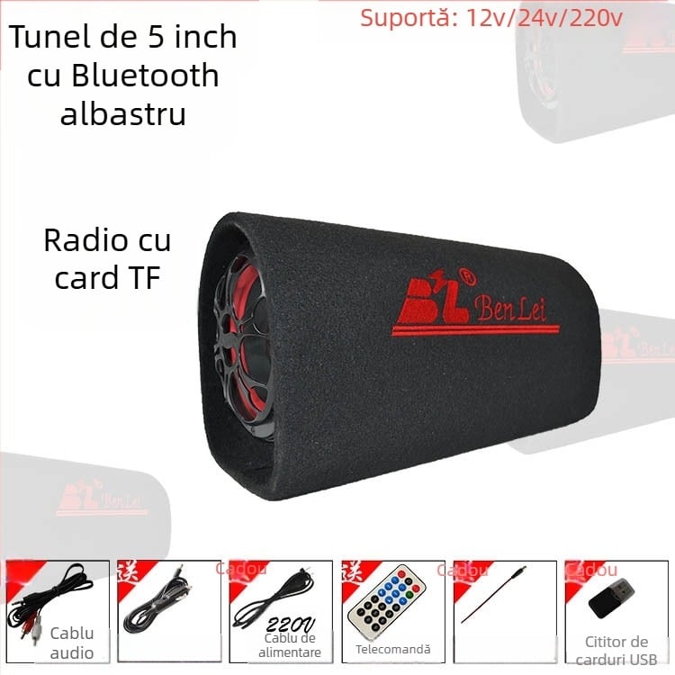 Subwoofer tunel pentru sistemul audio auto, 12V, 60–220W, 4Ω, 50Hz–20kHz, 1% distorsiune