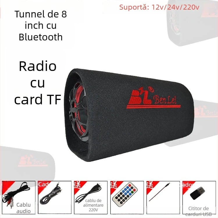 Subwoofer tunel pentru sistemul audio auto, 12V, 60–220W, 4Ω, 50Hz–20kHz, 1% distorsiune