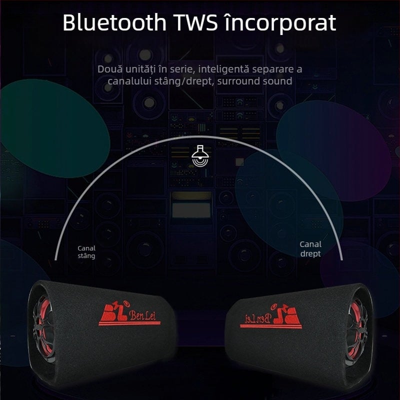 Subwoofer tunel pentru sistemul audio auto, 12V, 60–220W, 4Ω, 50Hz–20kHz, 1% distorsiune