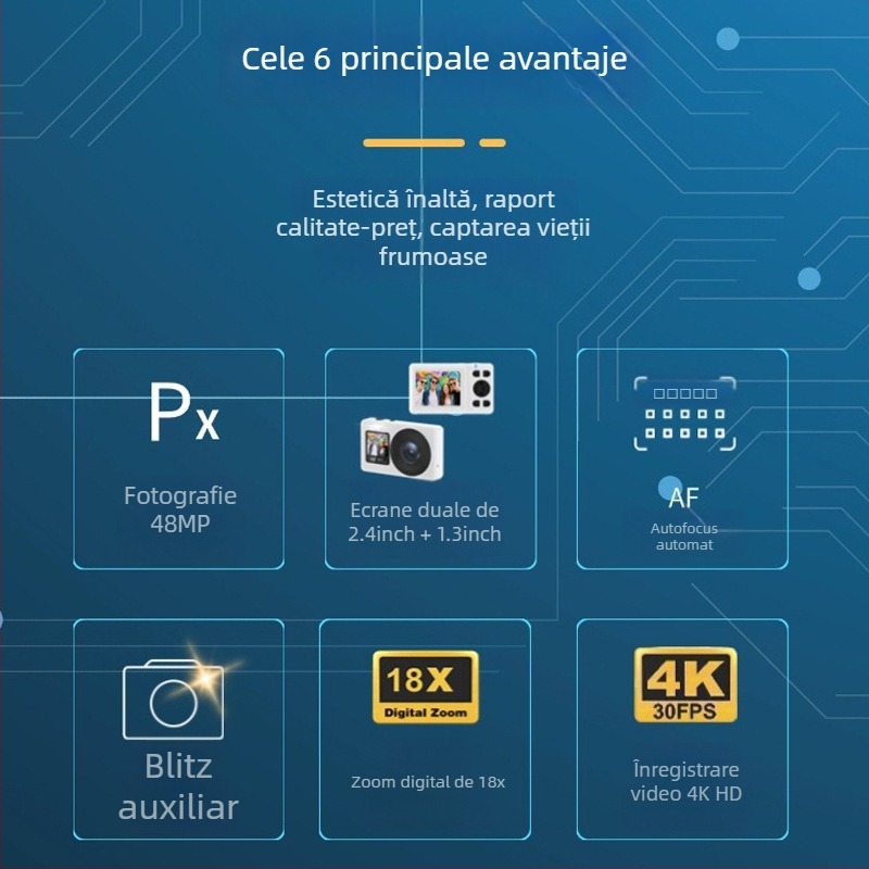 Cameră digitală pentru studenți cu ecran dual — 4K/30fps, zoom optic 18x, senzor CMOS, autofocalizare