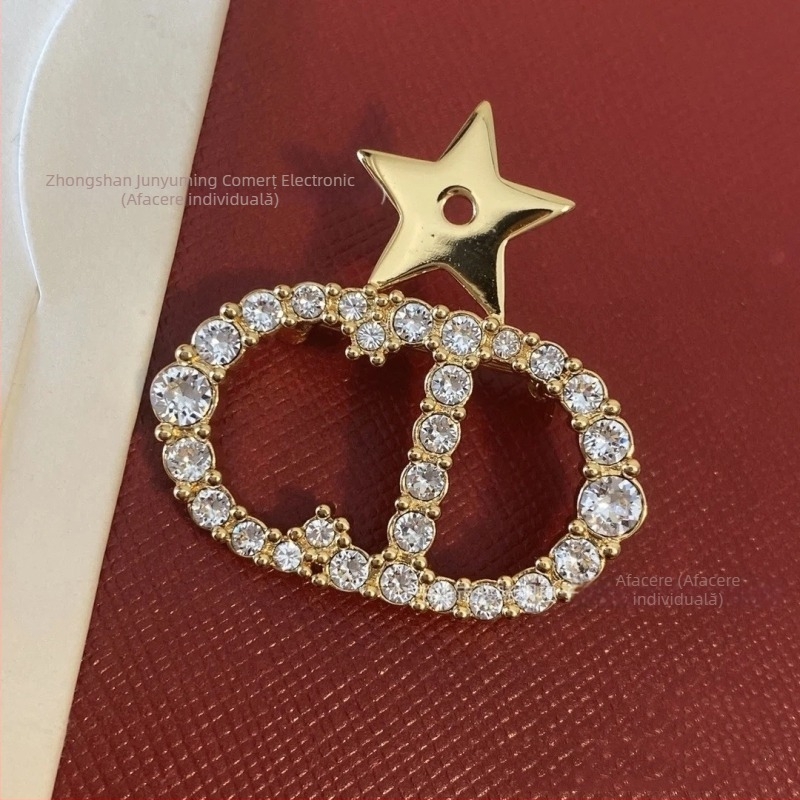 Broșă din alamă pentru femei, cu o stea cu cinci colțuri și motive de litere, cu montură diamant, accesoriu elegant de modă pentru birou