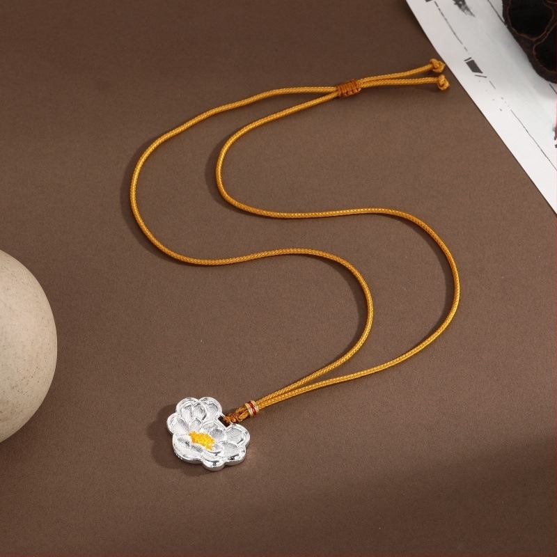 Colier cu formă de lotus, lanț tip frânghie, aliaj de cupru, electroplare, stil antic