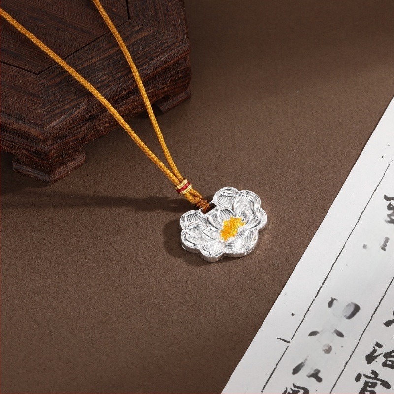 Colier cu formă de lotus, lanț tip frânghie, aliaj de cupru, electroplare, stil antic