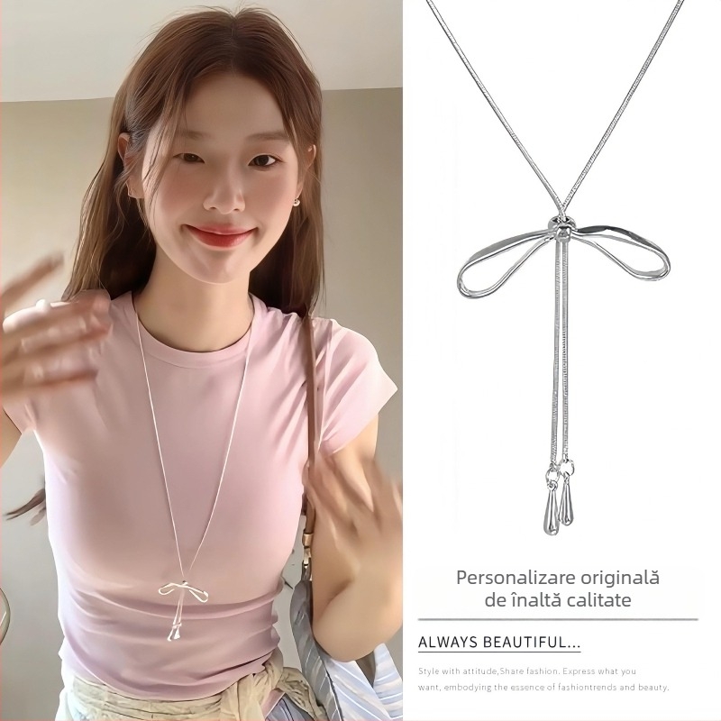 Colier cu pandantiv în formă de fundă, lanț clavicular, aliaj, 61–70 cm, stil dulce