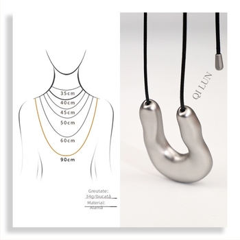 Colier cu formă U, asimetric, din cupru, lanț din cordon de piele, electroplating, circumferință 81 cm+