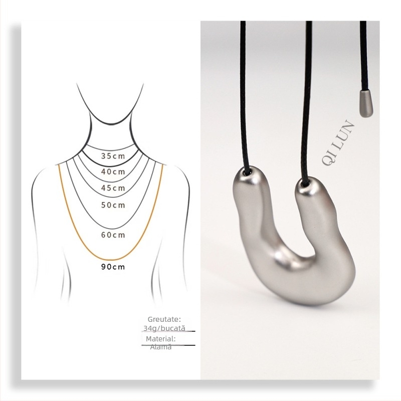 Colier cu formă U, asimetric, din cupru, lanț din cordon de piele, electroplating, circumferință 81 cm+