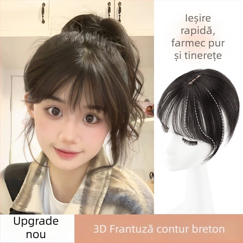 Perucă cu breton, naturală, fără cusături vizibile, volum de păr, fibre rezistente la căldură