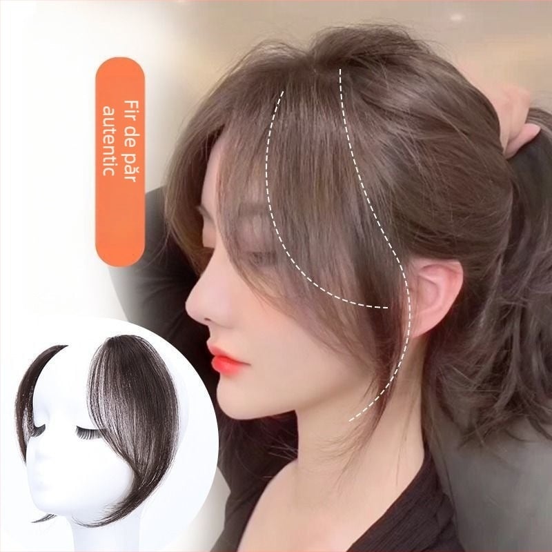 Perucă cu breton în mijloc, din păr real, breton diagonal franțuzesc, bucată de perucă pentru contur facial natural