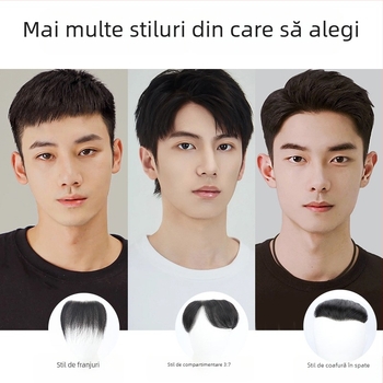 Perucă masculină cu linia părului - păr real uman, țesut complet manual, margine frontală în formă de M, breton drept sau înclinat, oferă volum liniei frunții