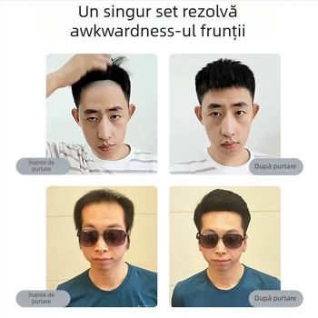 Perucă masculină cu linia părului - păr real uman, țesut complet manual, margine frontală în formă de M, breton drept sau înclinat, oferă volum liniei frunții