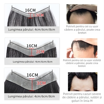 Perucă masculină cu linia părului - păr real uman, țesut complet manual, margine frontală în formă de M, breton drept sau înclinat, oferă volum liniei frunții