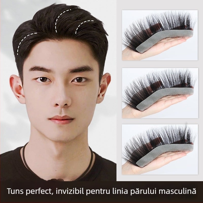 Perucă masculină cu linia părului - păr real uman, țesut complet manual, margine frontală în formă de M, breton drept sau înclinat, oferă volum liniei frunții