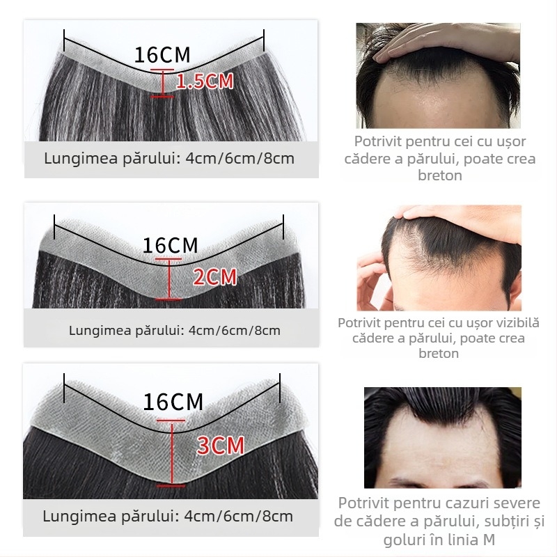 Perucă masculină cu linia părului - păr real uman, țesut complet manual, margine frontală în formă de M, breton drept sau înclinat, oferă volum liniei frunții