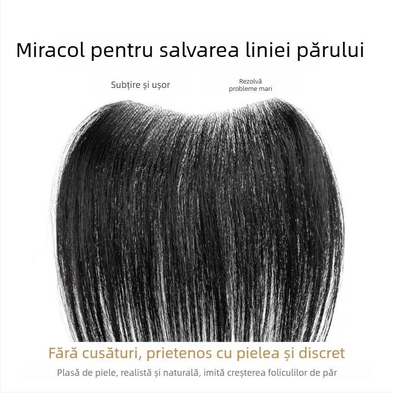 Perucă pentru linia părului la bărbați, păr real uman, țesută manual, breton drept sau înclinat, oferă volum la frunte
