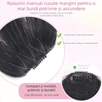 Perucă cu breton pentru femei, păr real uman, țesută manual, linie frontală fără cusături, breton în stil franțuzesc