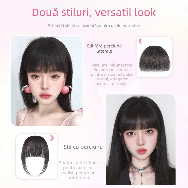 Perucă cu breton pentru femei, păr real uman, țesută manual, linie frontală fără cusături, breton în stil franțuzesc