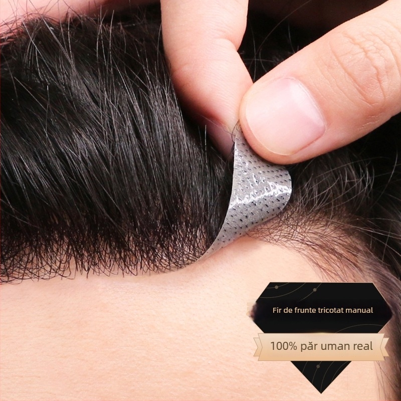 Piesă de păr pentru frunte pentru bărbați, linie de păr invizibilă, păr real pe creștet, lungime scurtă, țesut manual