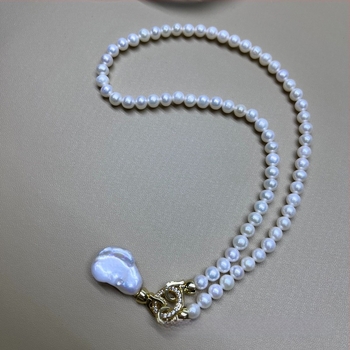 Colier cu pandantiv din perle de apă dulce, perlă cu formă aproape circulară, accesorii din aliaj, stil simplu feminin