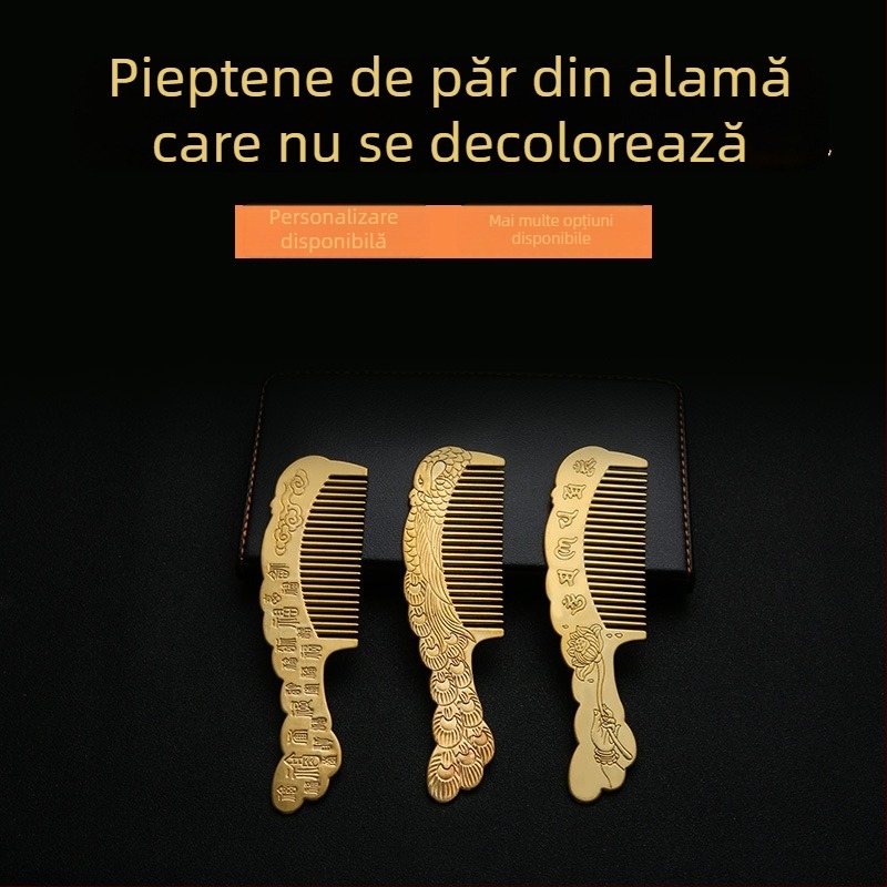 Pieptene de păr din alamă cu motiv paun și mantra din șase cuvinte, stil etnic, finisaj natural din alamă