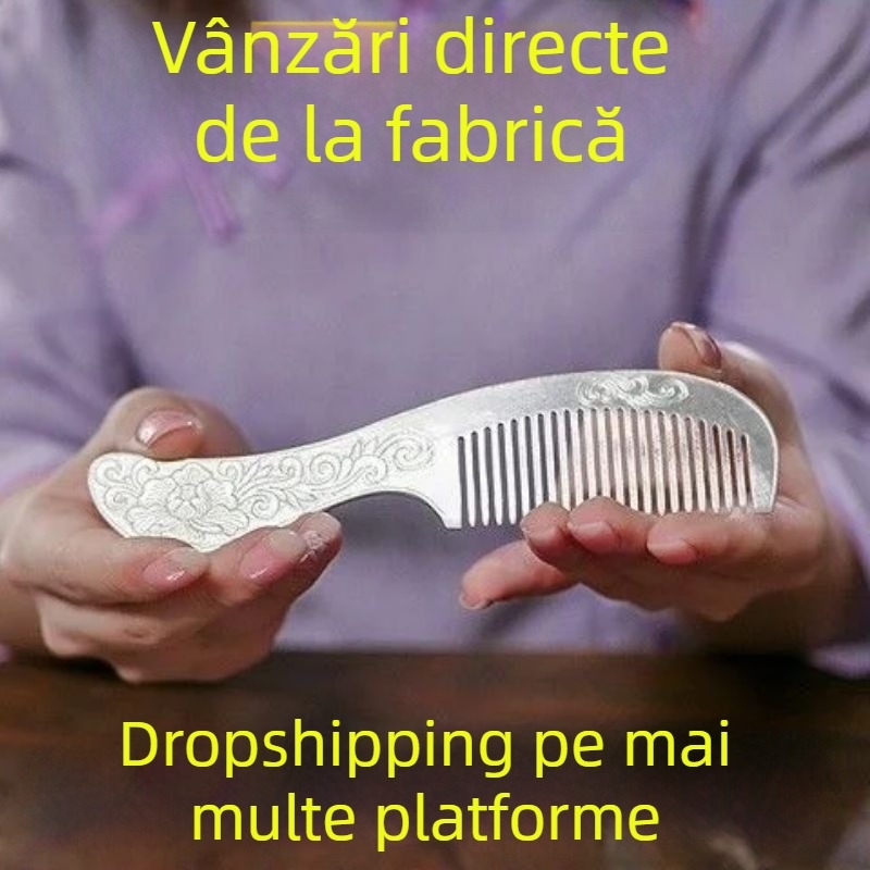 Pieptene de păr din metal, cu motiv bujor, formă rotundă cu mâner lung, design vintage, unisex