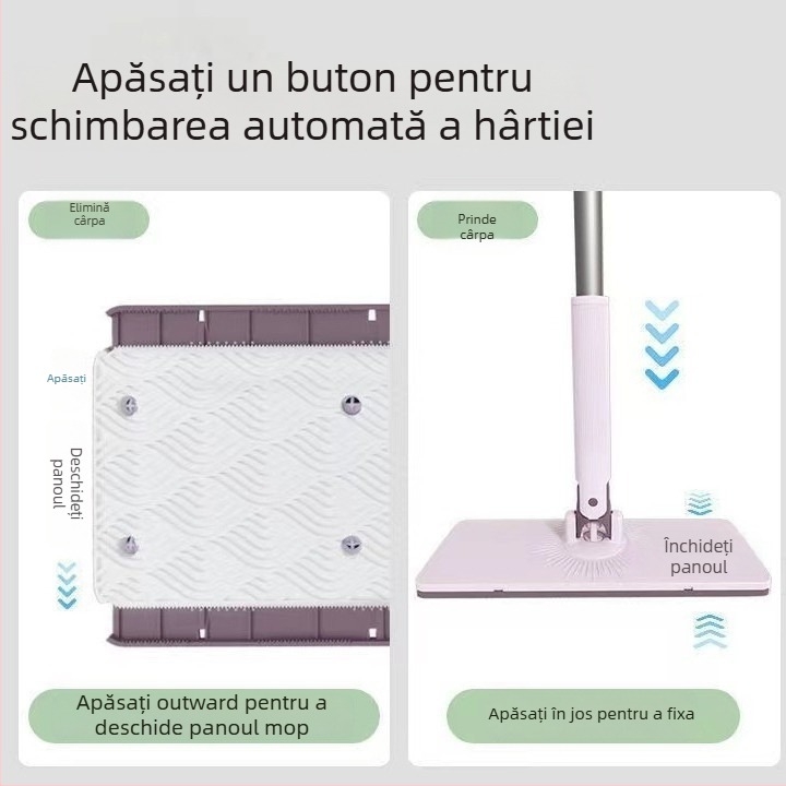 Mop cu tijă din oțel inoxidabil, dublu sistem de acționare, tijă de ridicare cu placă, capacitate de încărcare 10 kg, mecanism pliabil de stoarcere