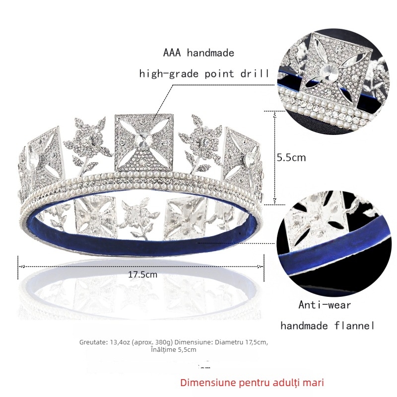 Coronă de mireasă din aliaj cu perle și strasuri — cerc complet, finisaj electroplacare, stil studio, unisex