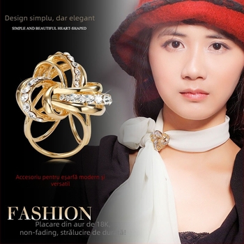 Broșă pentru eșarfă cu cataramă din trei inele, floare cu strasuri, aliaj, electroplating, accesoriu de modă pentru femei