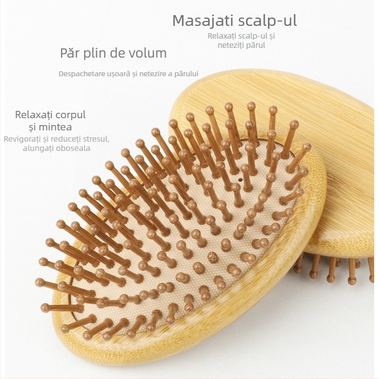 Pieptene din bambus natural, cu pernă de aer pentru masajul scalpului, marca Tiance, pentru păr buclat