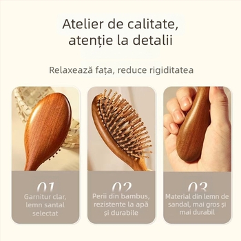 Pieptene din lemn de santal, formă ovală, cu pernă de aer pentru masajul scalpului și îngrijirea părului, portabil
