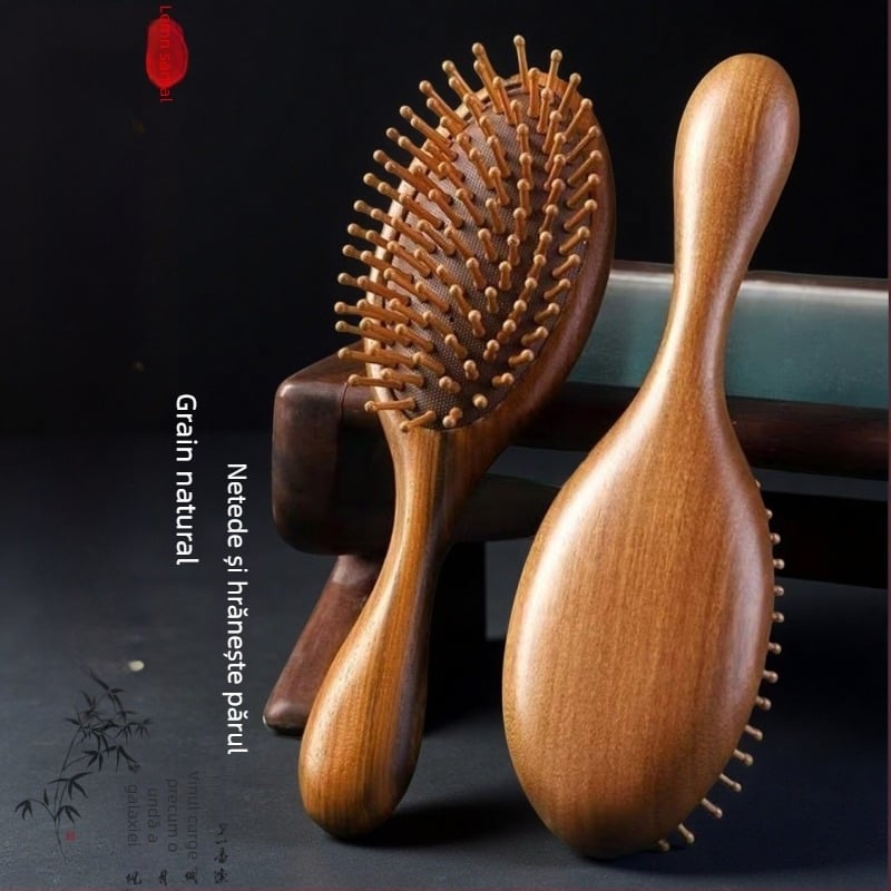 Pieptene din lemn de santal, formă ovală, cu pernă de aer pentru masajul scalpului și îngrijirea părului, portabil