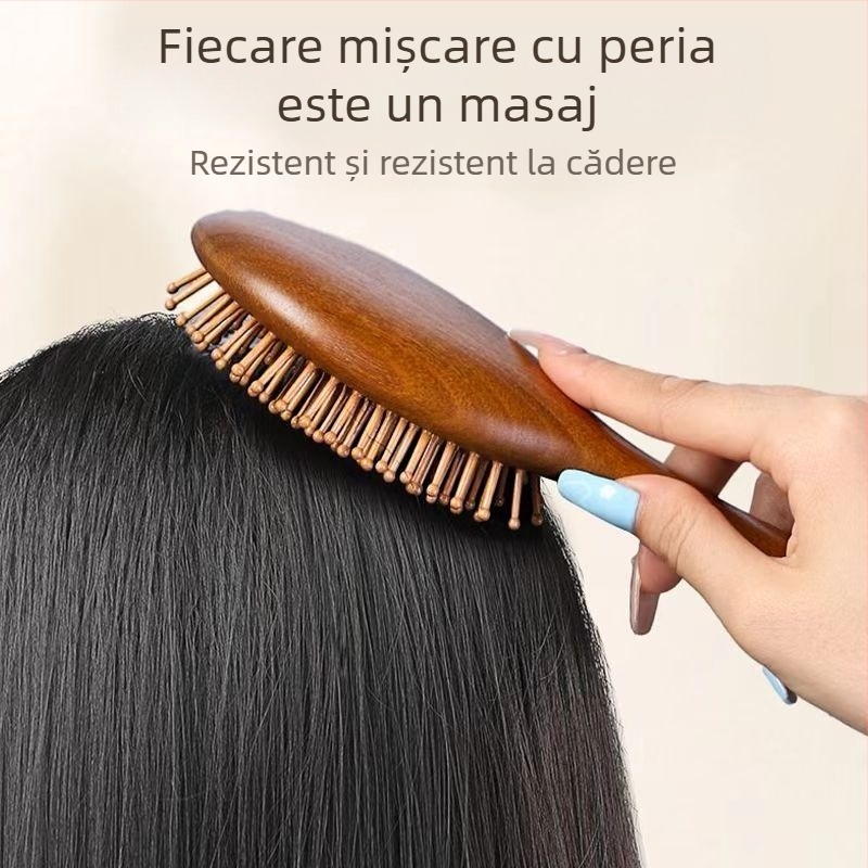 Pieptene din lemn de santal, formă ovală, cu pernă de aer pentru masajul scalpului și îngrijirea părului, portabil
