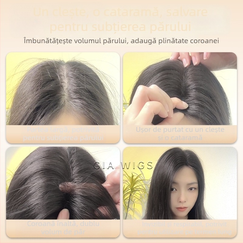 Piesă de păr reală pentru partea superioară a capului (model 3×12) — ultra-subțire, respirabilă, acoperă goluri mari în păr, oferă volum, breton drept sau înclinant