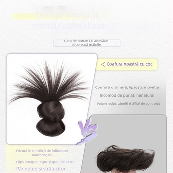 Perucă pentru femei cu coc din pene, păr realist, instrument de aranjat părul cu clips, aspect natural și pufos