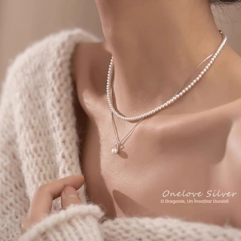 Colier din argint sterling cu perlă, lanț tip cutie, stil lux ușor, lungime 41–50 cm