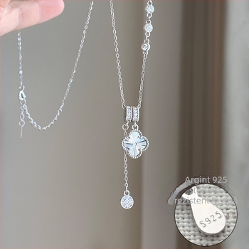 Colier cu pandantiv trifoi cu patru foi, din argint, stil japonez/coreean, cod produs W25081104, primăvara 2025