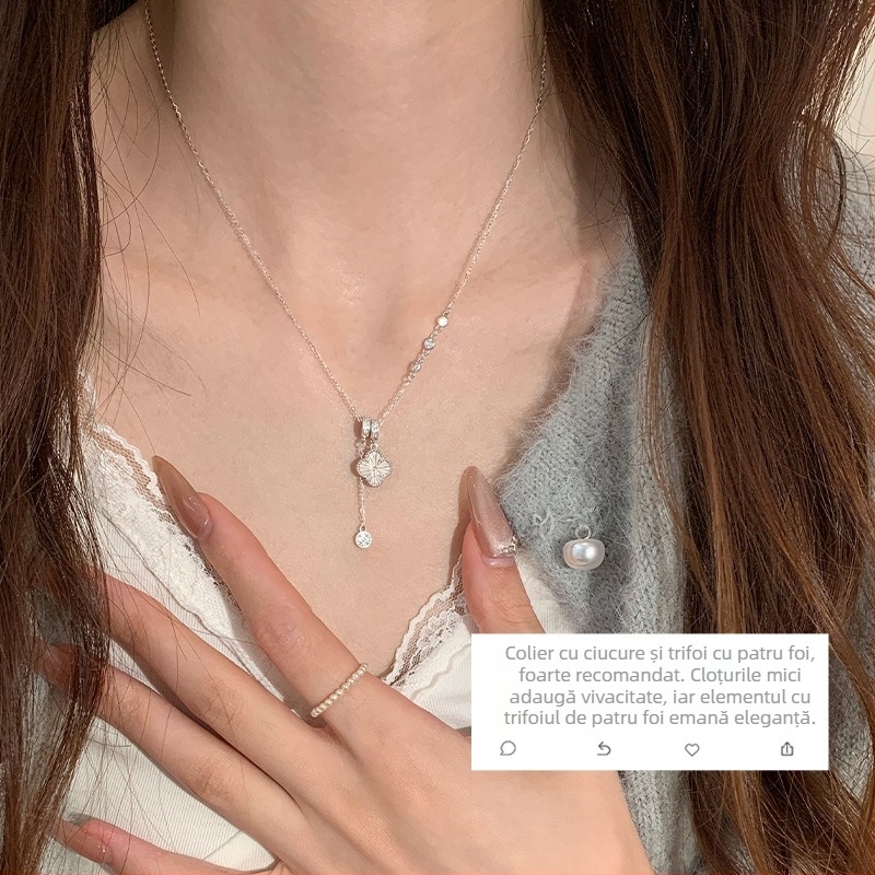 Colier cu pandantiv trifoi cu patru foi, din argint, stil japonez/coreean, cod produs W25081104, primăvara 2025
