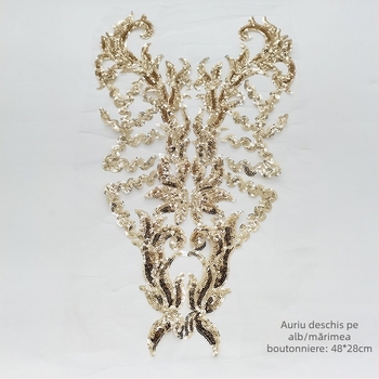 Patch broderie dantelă cu bază din plasă hexagonală și fir poliester – paiete și mărgele pentru rochii de mireasă, dans și de seară