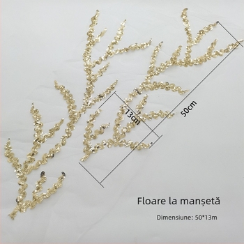 Patch broderie dantelă cu bază din plasă hexagonală și fir poliester – paiete și mărgele pentru rochii de mireasă, dans și de seară