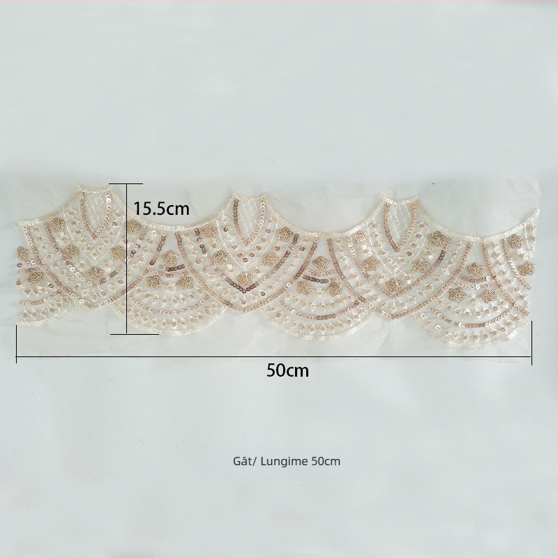 Patch broderie dantelă cu bază din plasă hexagonală și fir poliester – paiete și mărgele pentru rochii de mireasă, dans și de seară