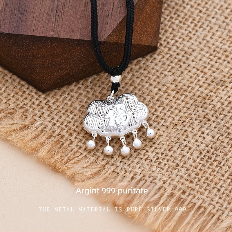 Colier din argint Sterling Jing yana – stil retro, pandantiv cu clopot norocos, procesare Seiko, șnur țesut