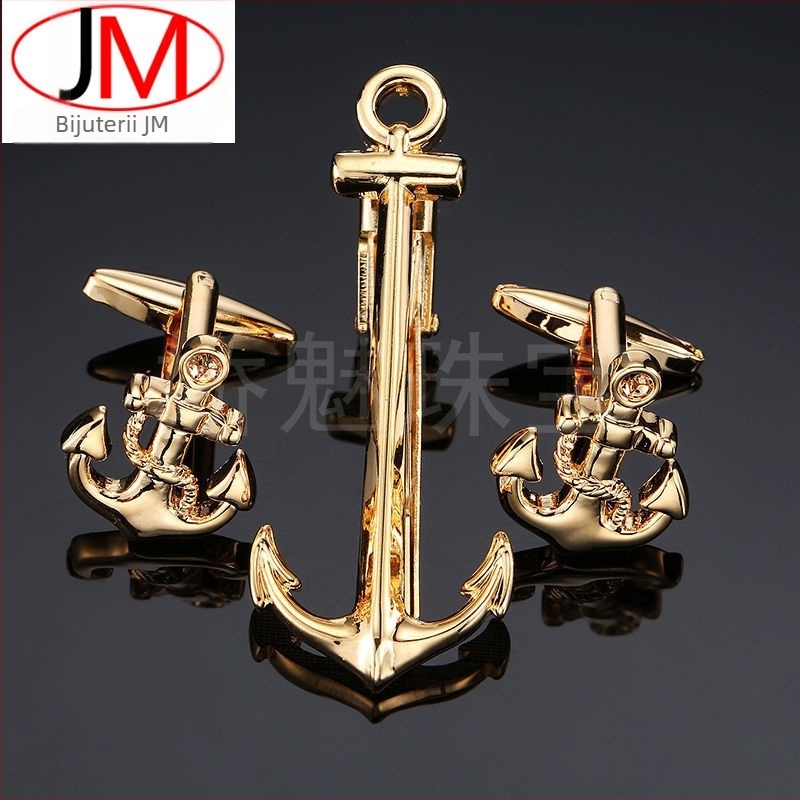 Set nasturi de manșetă și clips pentru cravată cu motiv ancoră, design constelație, cristal alb; cupru, placare electrolitică, unisex
