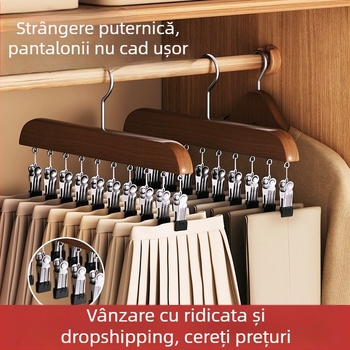 Umeraș din lemn cu 10 cleme, organizator de garderob multifuncțional, model FFF2DD, pentru pături, lenjerie, pantaloni, șosete, cămăși, eșarfe și cravate