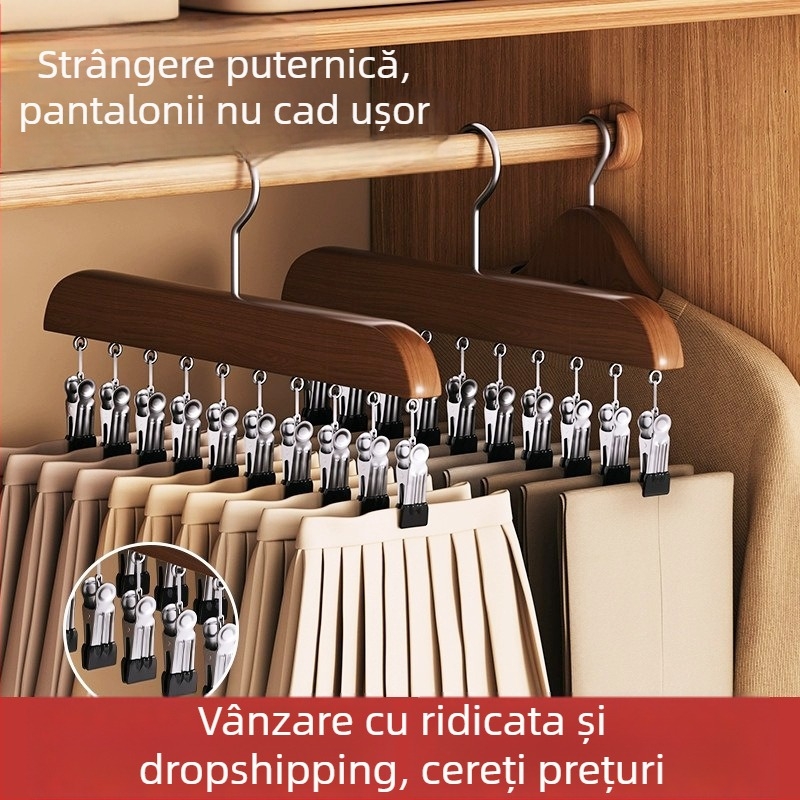 Umeraș din lemn cu 10 cleme, organizator de garderob multifuncțional, model FFF2DD, pentru pături, lenjerie, pantaloni, șosete, cămăși, eșarfe și cravate