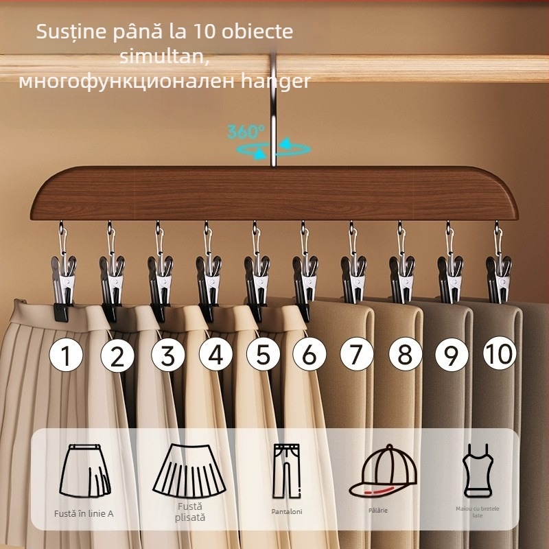 Umeraș din lemn cu 10 cleme, organizator de garderob multifuncțional, model FFF2DD, pentru pături, lenjerie, pantaloni, șosete, cămăși, eșarfe și cravate