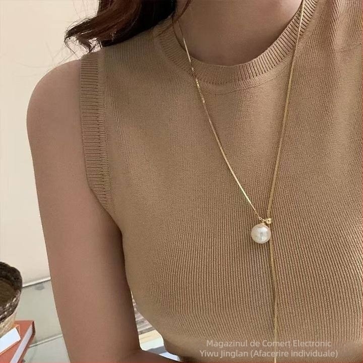 Colier cu pandantiv Y cu o singură perlă artificială, aliaj de cupru, IN STYLE, cod N019, electroplacare, greutate 15