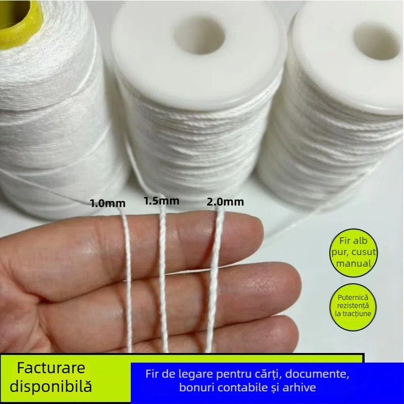 Șnur de bumbac alb, 2 mm, pentru legarea arhivelor, cusut manual, fără ceară