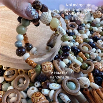 Brățară cu mărgele Bodhi și din lemn, realizare manuală, mărgele cu găuri, închidere cu șnur, stil antic
