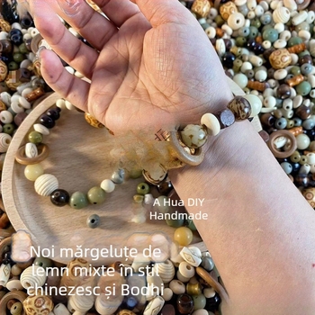 Brățară cu mărgele Bodhi și din lemn, realizare manuală, mărgele cu găuri, închidere cu șnur, stil antic